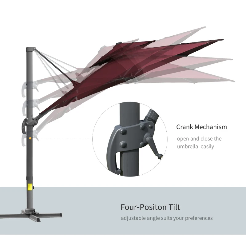 Outsunny 11ft Cantilever Patio Umbrella with Base, Double Top Hanging Aluminum Offset Umbrella with 360° Rotation, Easy Tilt, 8 Ribs, Crank, Cross Base for Backyard, Wine Red