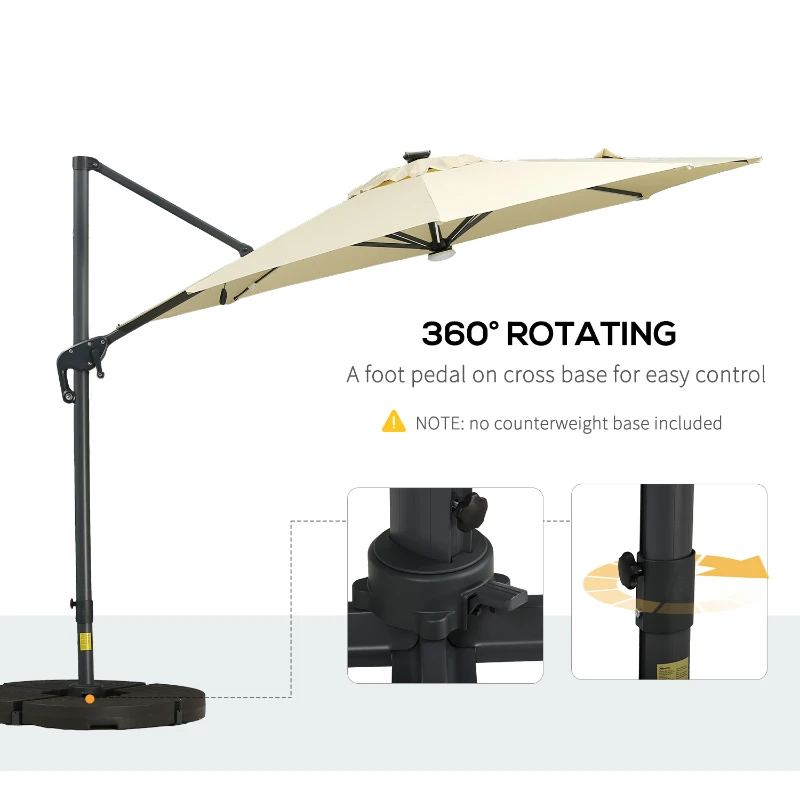 Outsunny 10ft Solar LED Cantilever Patio Umbrella, Aluminum Hanging Offset Umbrella Outdoor Sun Shade with 360 Degree Rotation, Lights, Tilt, Crank, Cross Base, Beige