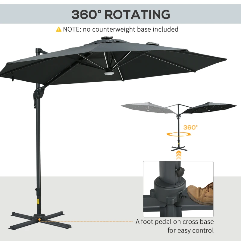 Outsunny 10ft Solar LED Cantilever Patio Umbrella, Aluminum Hanging Offset Umbrella Outdoor Sun Shade with 360 Degree Rotation, Lights, Tilt, Crank, Cross Base, Dark Gray
