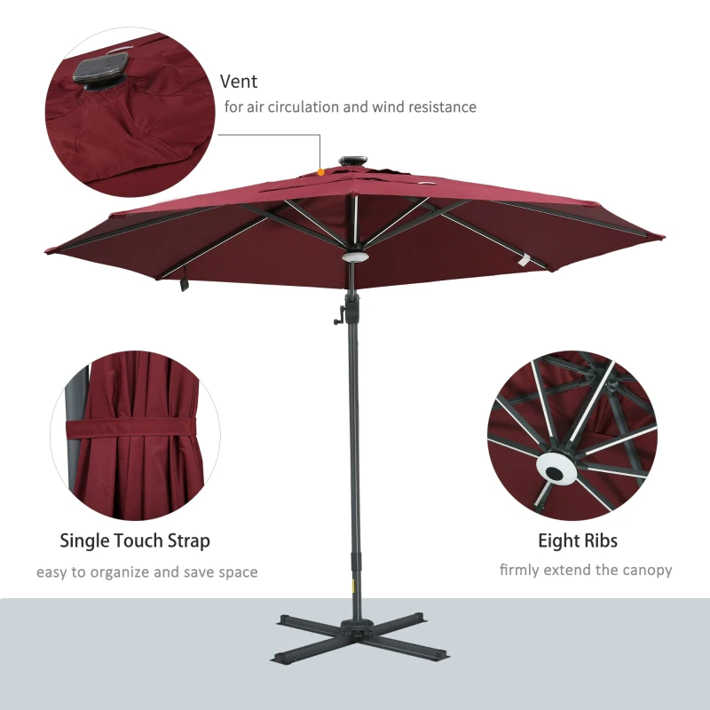 Outsunny 10ft Solar LED Cantilever Patio Umbrella, Aluminum Hanging Offset Umbrella Outdoor Sun Shade with 360 Degree Rotation, Lights, Tilt, Crank, Cross Base, Burgundy