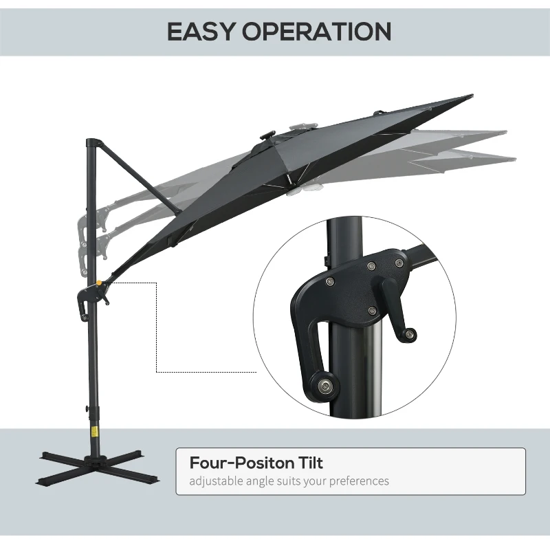 Outsunny 10ft Solar LED Cantilever Patio Umbrella, Aluminum Hanging Offset Umbrella Outdoor Sun Shade with 360 Degree Rotation, Lights, Tilt, Crank, Cross Base, Dark Gray