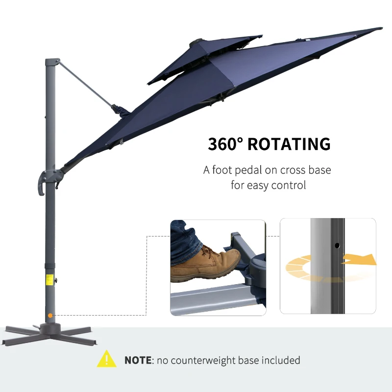 Outsunny 11ft Cantilever Patio Umbrella with Base, Double Top Hanging Aluminum Offset Umbrella with 360° Rotation, Easy Tilt, 8 Ribs, Crank, Cross Base for Backyard, Dark Blue
