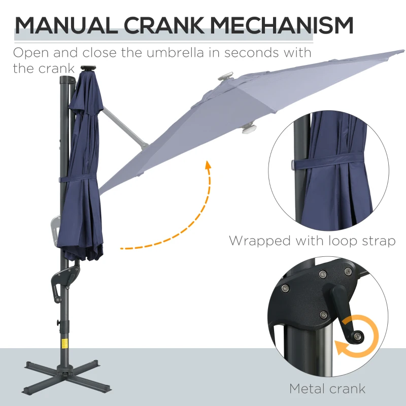 Outsunny 10ft Solar LED Cantilever Patio Umbrella, Aluminum Hanging Offset Umbrella Outdoor Sun Shade with 360 Degree Rotation, Lights, Tilt, Crank, Cross Base, Dark Blue