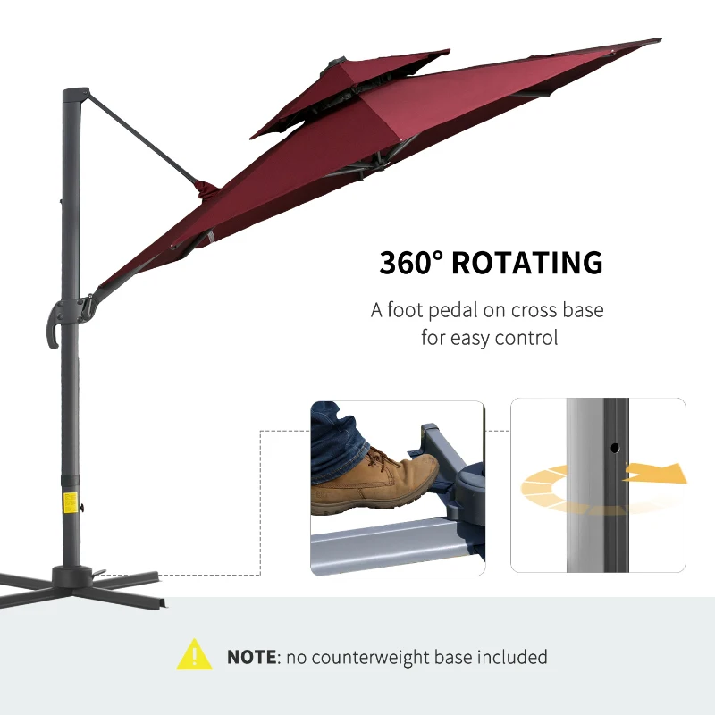 Outsunny 11ft Cantilever Patio Umbrella with Base, Double Top Hanging Aluminum Offset Umbrella with 360° Rotation, Easy Tilt, 8 Ribs, Crank, Cross Base for Backyard, Wine Red
