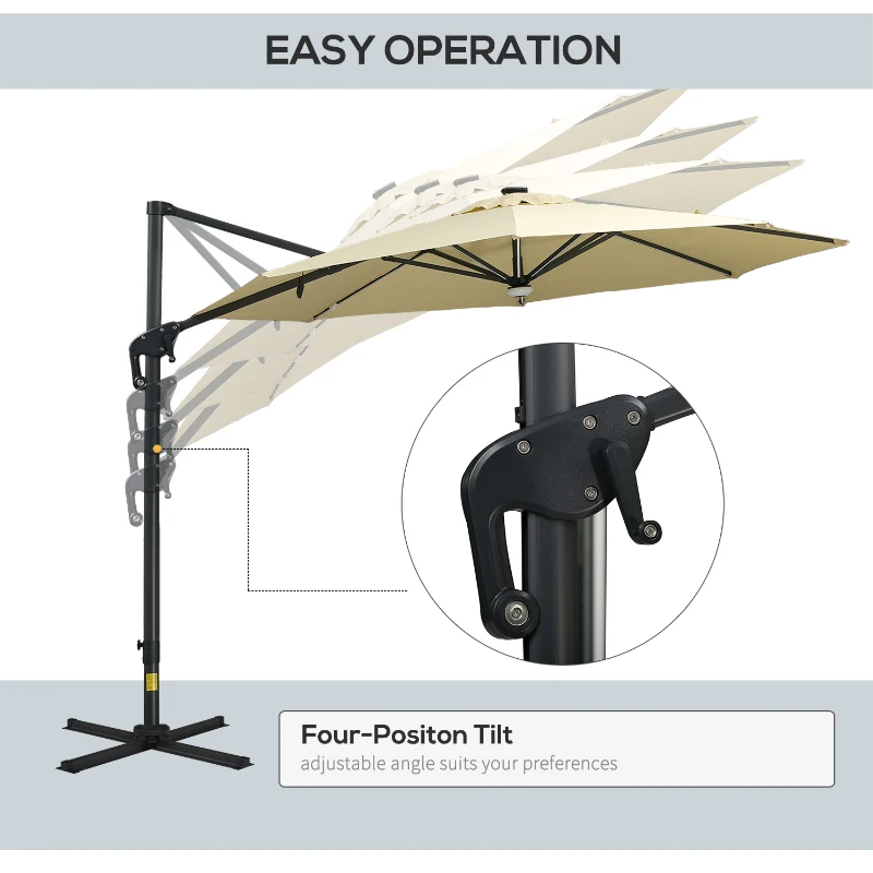 Outsunny 10ft Solar LED Cantilever Patio Umbrella, Aluminum Hanging Offset Umbrella Outdoor Sun Shade with 360 Degree Rotation, Lights, Tilt, Crank, Cross Base, Beige