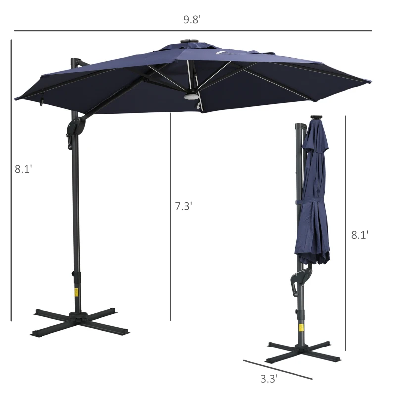 Outsunny 10ft Solar LED Cantilever Patio Umbrella, Aluminum Hanging Offset Umbrella Outdoor Sun Shade with 360 Degree Rotation, Lights, Tilt, Crank, Cross Base, Dark Blue