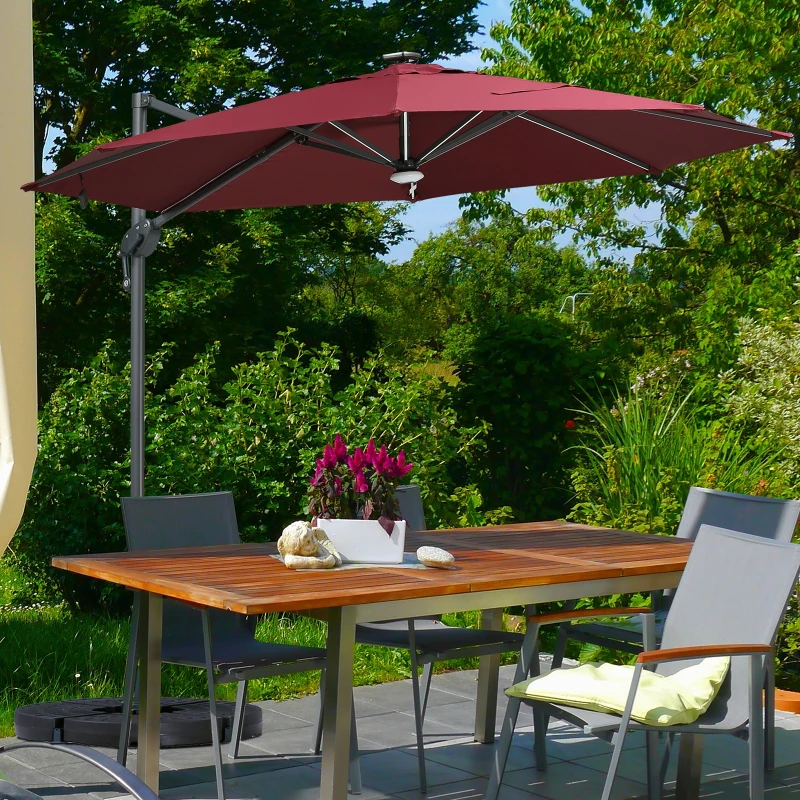Outsunny 10ft Solar LED Cantilever Patio Umbrella, Aluminum Hanging Offset Umbrella Outdoor Sun Shade with 360 Degree Rotation, Lights, Tilt, Crank, Cross Base, Burgundy