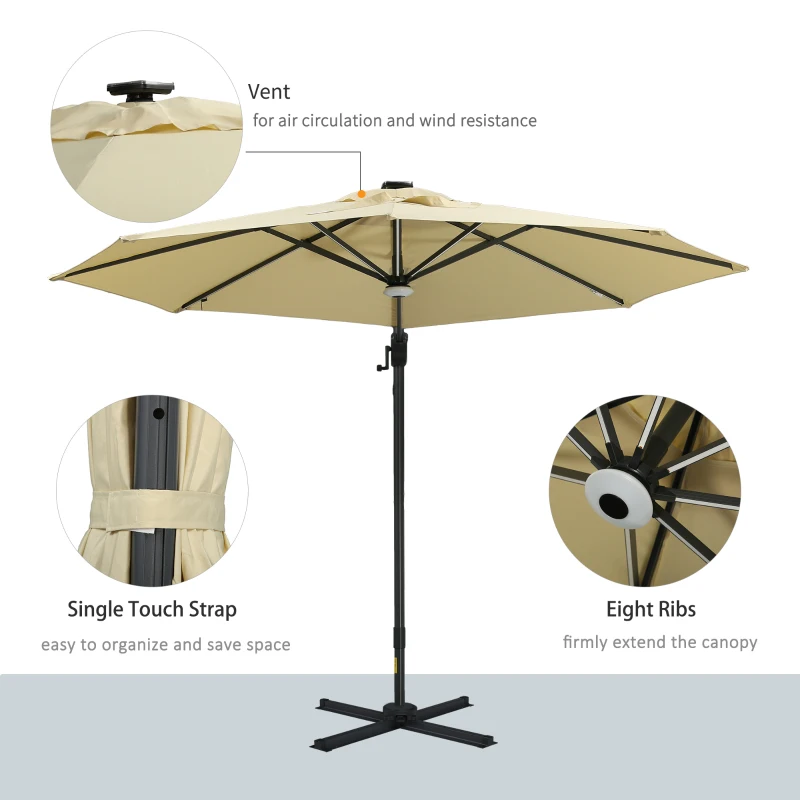 Outsunny 10ft Solar LED Cantilever Patio Umbrella, Aluminum Hanging Offset Umbrella Outdoor Sun Shade with 360 Degree Rotation, Lights, Tilt, Crank, Cross Base, Beige