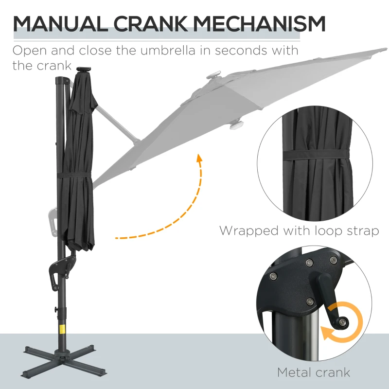 Outsunny 10ft Solar LED Cantilever Patio Umbrella, Aluminum Hanging Offset Umbrella Outdoor Sun Shade with 360 Degree Rotation, Lights, Tilt, Crank, Cross Base, Dark Gray
