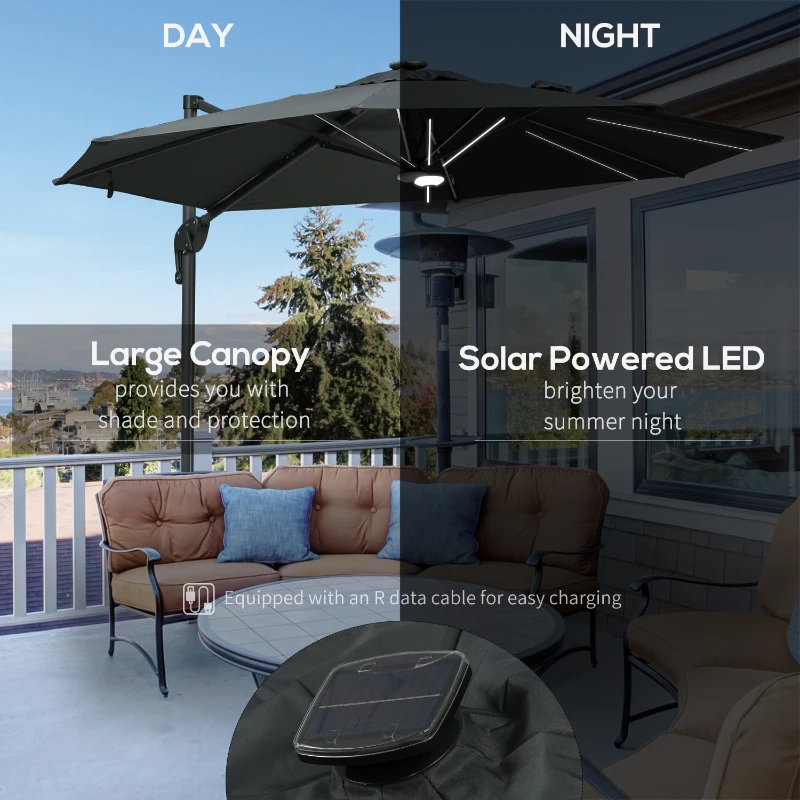Outsunny 10ft Solar LED Cantilever Patio Umbrella, Aluminum Hanging Offset Umbrella Outdoor Sun Shade with 360 Degree Rotation, Lights, Tilt, Crank, Cross Base, Dark Gray