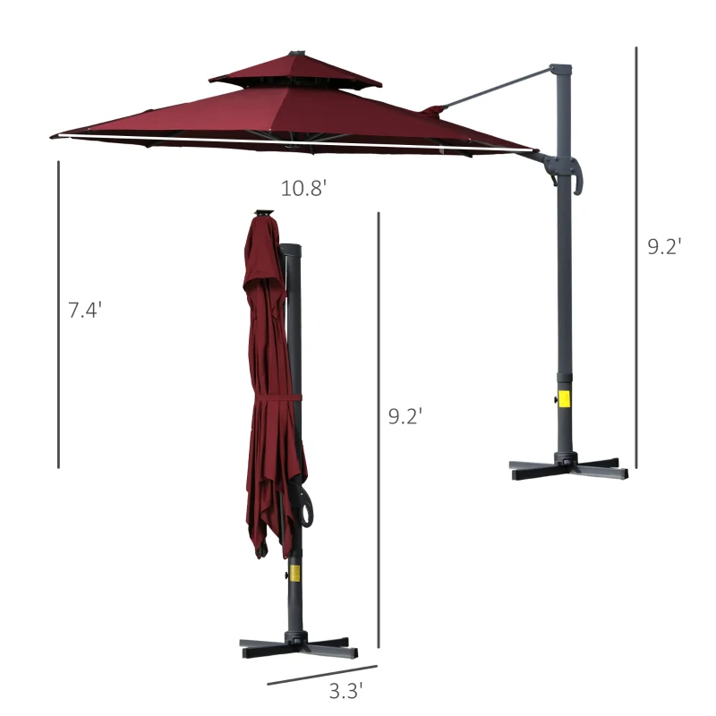 Outsunny 11ft Cantilever Patio Umbrella with Base, Double Top Hanging Aluminum Offset Umbrella with 360° Rotation, Easy Tilt, 8 Ribs, Crank, Cross Base for Backyard, Wine Red