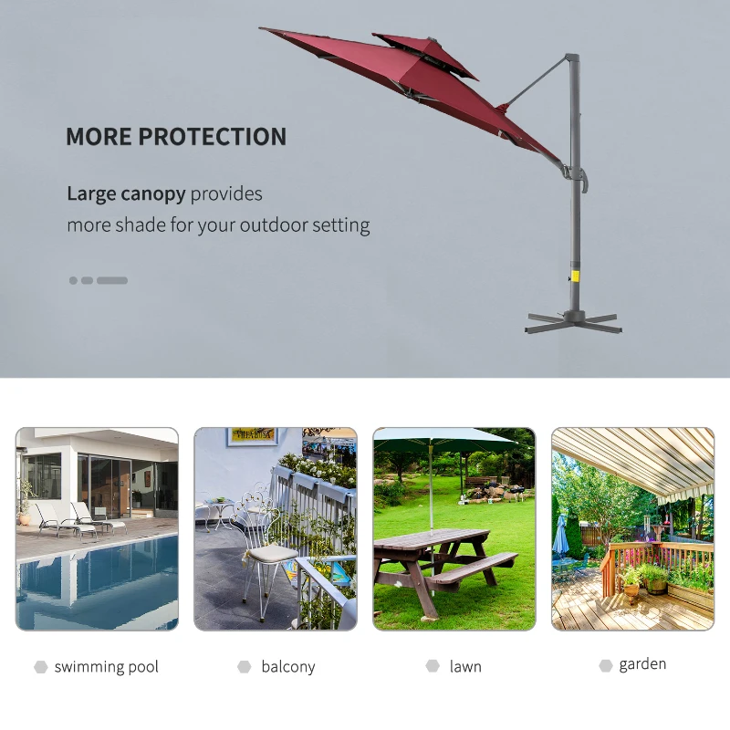 Outsunny 11ft Cantilever Patio Umbrella with Base, Double Top Hanging Aluminum Offset Umbrella with 360° Rotation, Easy Tilt, 8 Ribs, Crank, Cross Base for Backyard, Wine Red