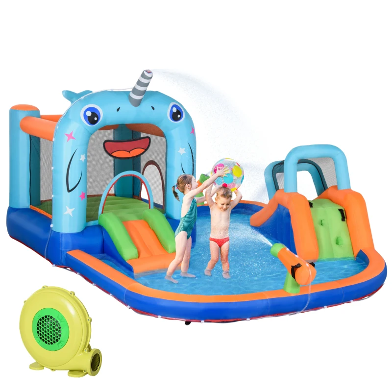 Outsunny 13.8 x 12FT Large Inflatable Water Slide Bouncy Castle, Narwhals Style Kids Bounce House with 450W Blower, Slide, Trampoline, Pool, Water Cannons, Climbing Wall, Carry Bag