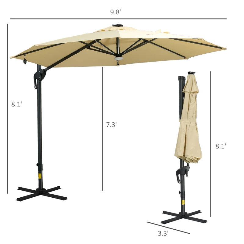 Outsunny 10ft Solar LED Cantilever Patio Umbrella, Aluminum Hanging Offset Umbrella Outdoor Sun Shade with 360 Degree Rotation, Lights, Tilt, Crank, Cross Base, Beige
