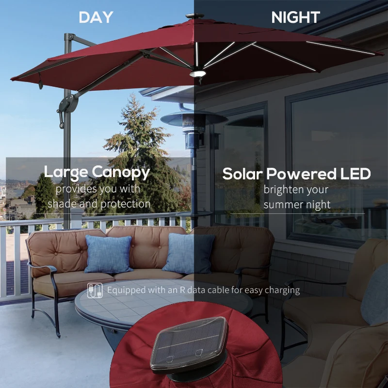 Outsunny 10ft Solar LED Cantilever Patio Umbrella, Aluminum Hanging Offset Umbrella Outdoor Sun Shade with 360 Degree Rotation, Lights, Tilt, Crank, Cross Base, Burgundy