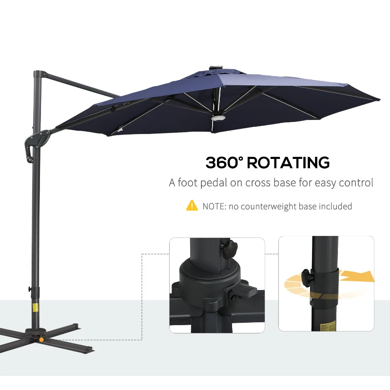 Outsunny 10ft Solar LED Cantilever Patio Umbrella, Aluminum Hanging Offset Umbrella Outdoor Sun Shade with 360 Degree Rotation, Lights, Tilt, Crank, Cross Base, Dark Blue