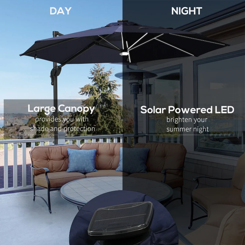Outsunny 10ft Solar LED Cantilever Patio Umbrella, Aluminum Hanging Offset Umbrella Outdoor Sun Shade with 360 Degree Rotation, Lights, Tilt, Crank, Cross Base, Dark Blue