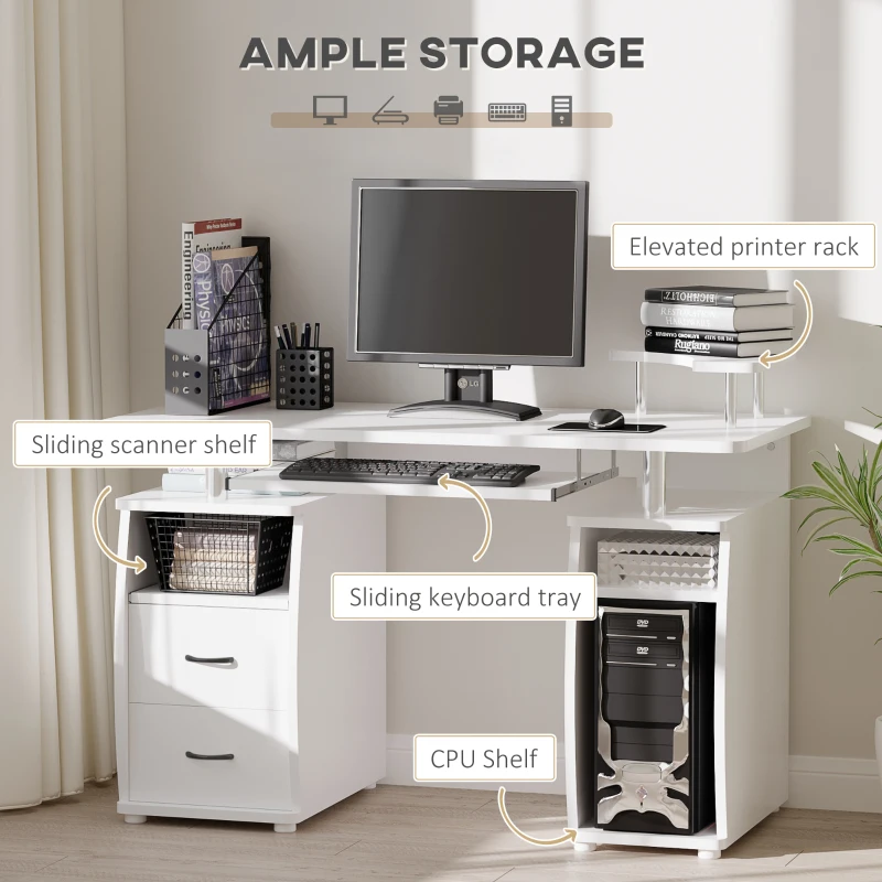 HOMCOM Computer Desk with Keyboard Tray, Home Office Desk with Drawers, CPU Stand, Printer Stand and Open Shelves, Writing Workstation for Study, White