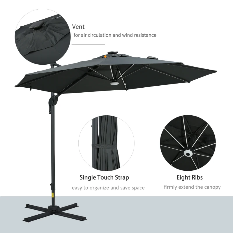 Outsunny 10ft Solar LED Cantilever Patio Umbrella, Aluminum Hanging Offset Umbrella Outdoor Sun Shade with 360 Degree Rotation, Lights, Tilt, Crank, Cross Base, Dark Gray