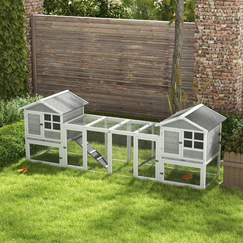 PawHut 102" 2 in 1 Wooden Rabbit Hutch, Double Main House Pet Playpen, Large Bunny House Enclosure for Indoor/Outdoor with 2 Run Boxes, No Leak Tray, and Ramp, for Guinea Pig and Small Animals, Gray