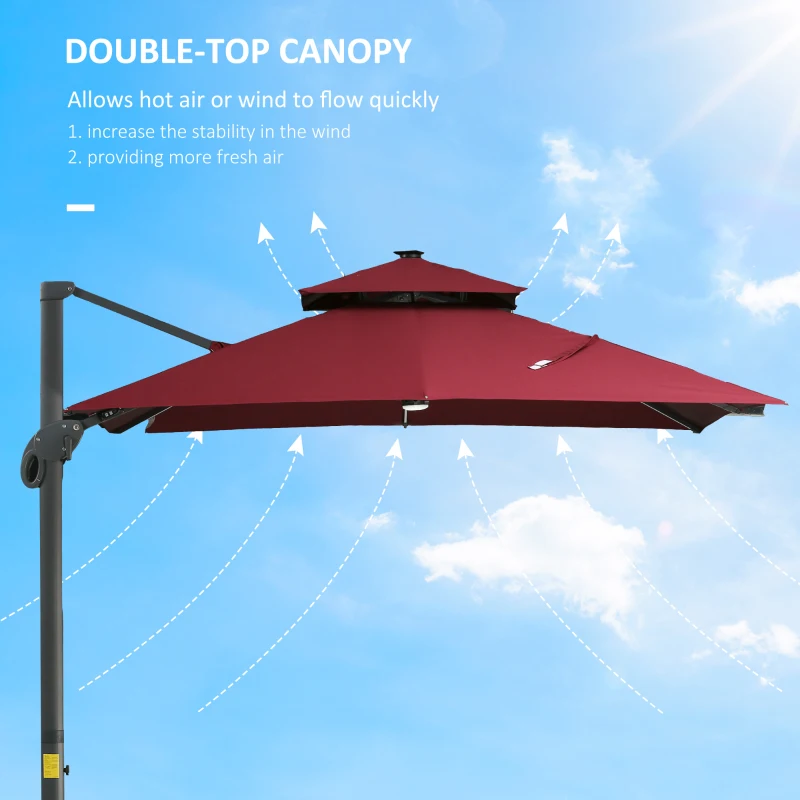 Outsunny 10x10ft Shade Umbrella with Solar LED Cold Lighted and Power Bank with Adjustable Angle for Backyard, Wine Red