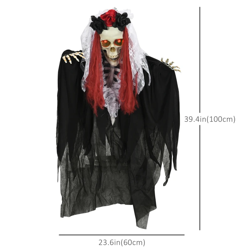 HOMCOM 39 Inch/3.5ft Life Size Outdoor Halloween Decoration Bride Skeleton with Red Hair, Animated Prop with Sound and Motion Activated, Light Up Eyes, Creepy Sound