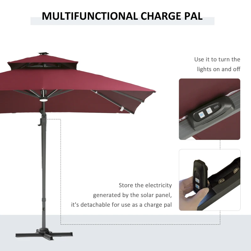 Outsunny 10x10ft Shade Umbrella with Solar LED Cold Lighted and Power Bank with Adjustable Angle for Backyard, Wine Red
