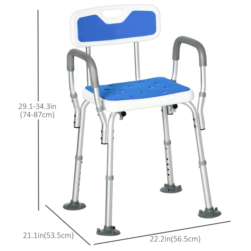 HOMCOM Adjustable Shower Chair with Arms and Back, Bath Chair with Regular Seat, Anti-slip Shower Bench for Seniors and Disabled, Tool-Free Assembly, 299lbs