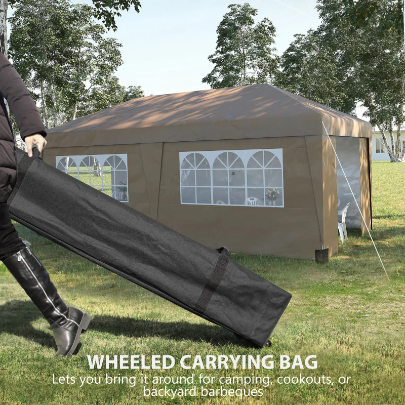 Outsunny 10' x 19.5' Pop Up Canopy Tent Height Adjustable Event Shelter w/ Sidewalls, Leg Weight Bags, Wheeled Carry Bag, Brown