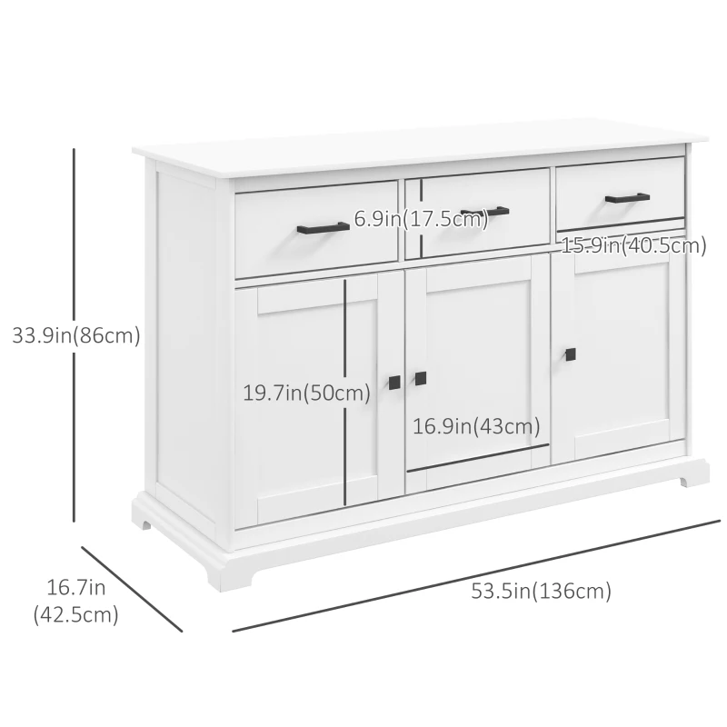 HOMCOM Buffet Cabinet Sideboard with 2 Storage Cabinets, 3 Drawers, Adjustable Shelves for Kitchen Entryway, White