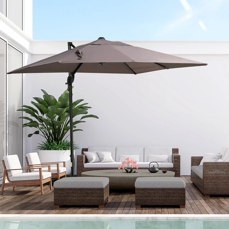 Outsunny 8FT Cantilever Patio Umbrella, Square Outdoor Offset Umbrella with 360° Rotation, Aluminum Hanging Umbrella with 3-Position Tilt, Crank & Cross Base for Garden, Brown