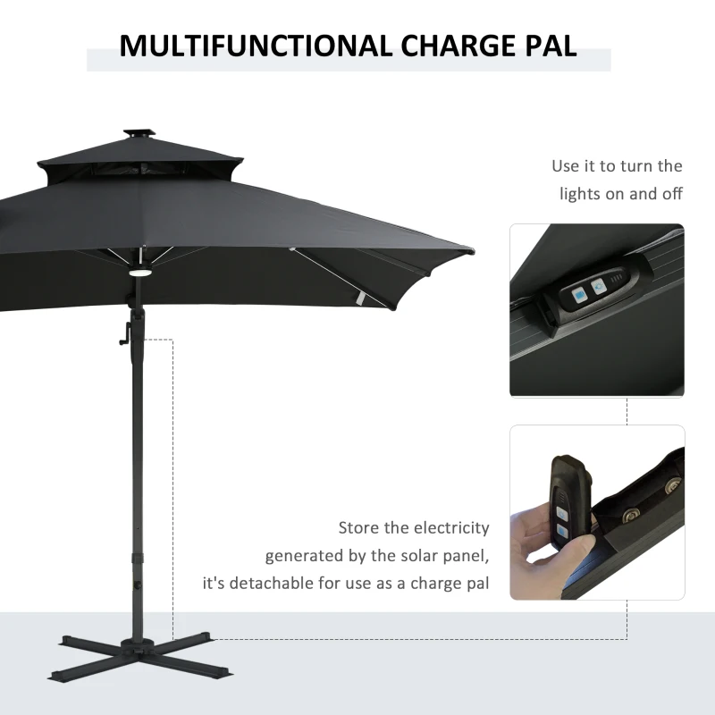 Outsunny 10x10ft Shade Umbrella with Solar LED Cold Lighted & Power Bank with Adjustable Angle for Backyard, Dark Grey