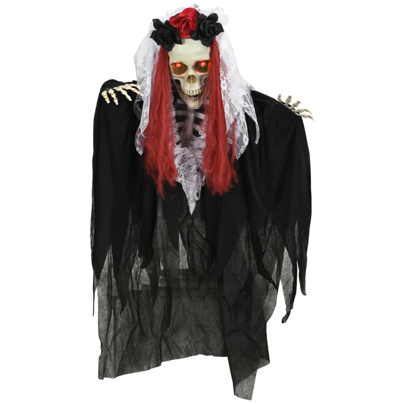 HOMCOM 39 Inch/3.5ft Life Size Outdoor Halloween Decoration Bride Skeleton with Red Hair, Animated Prop with Sound and Motion Activated, Light Up Eyes, Creepy Sound
