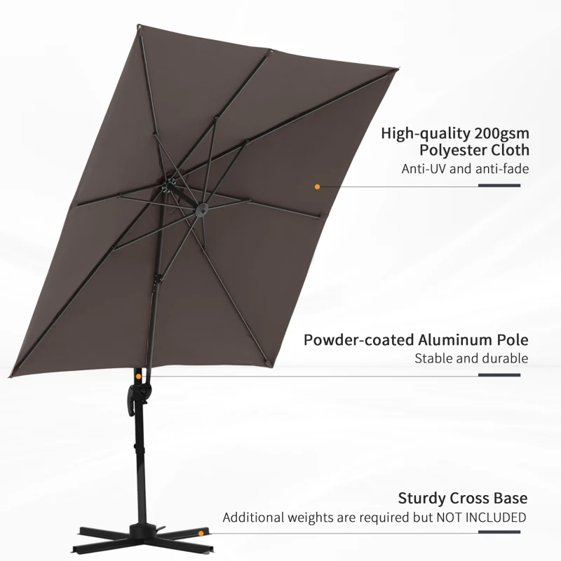 Outsunny 8FT Cantilever Patio Umbrella, Square Outdoor Offset Umbrella with 360° Rotation, Aluminum Hanging Umbrella with 3-Position Tilt, Crank & Cross Base for Garden, Brown