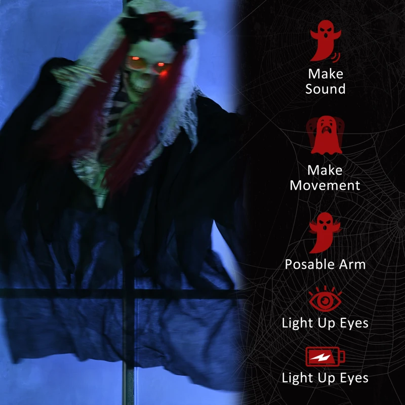 HOMCOM 39 Inch/3.5ft Life Size Outdoor Halloween Decoration Bride Skeleton with Red Hair, Animated Prop with Sound and Motion Activated, Light Up Eyes, Creepy Sound