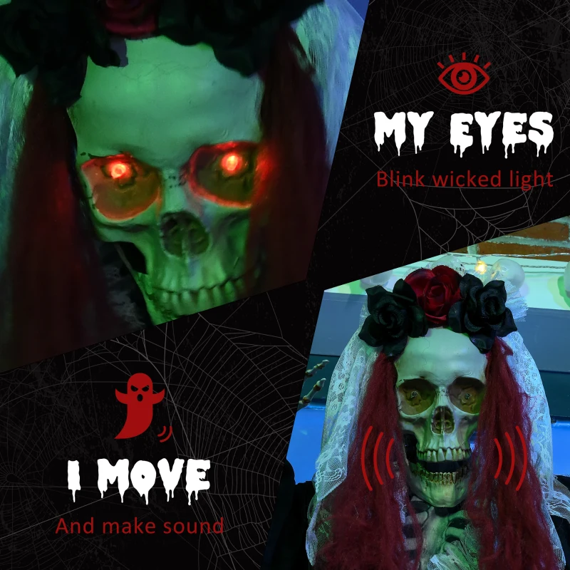 HOMCOM 39 Inch/3.5ft Life Size Outdoor Halloween Decoration Bride Skeleton with Red Hair, Animated Prop with Sound and Motion Activated, Light Up Eyes, Creepy Sound