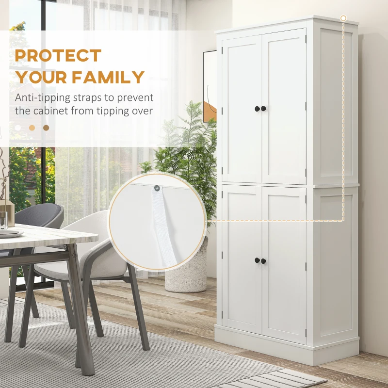 HOMCOM 72" Kitchen Pantry, Modern 4-Door Kitchen Storage Cabinet with Inside Drawer, Hanging Door Shelves, 5-tier Shelving and Adjustable Shelf, White