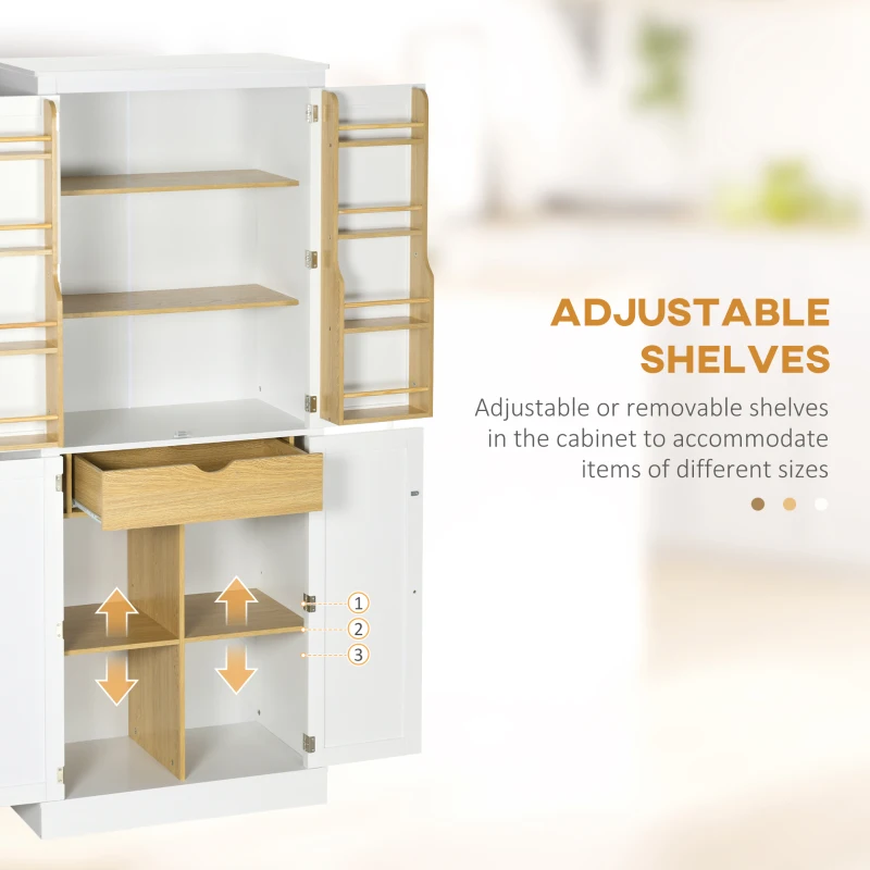HOMCOM 72" Kitchen Pantry, Modern 4-Door Kitchen Storage Cabinet with Inside Drawer, Hanging Door Shelves, 5-tier Shelving and Adjustable Shelf, White