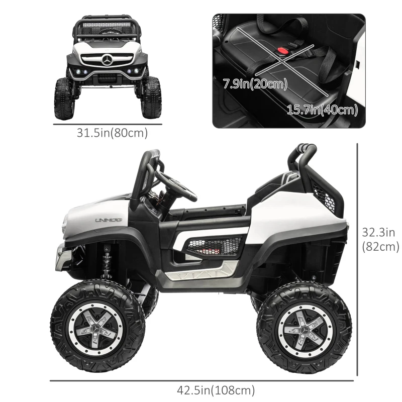Aosom Kids Ride on Car, Licensed Mercedes-Benz Unimog 12V 7AH Battery Powered Electric Truck with Remote Control, 3 Speed Spring Suspension, LED Lights, MP3, Music, White