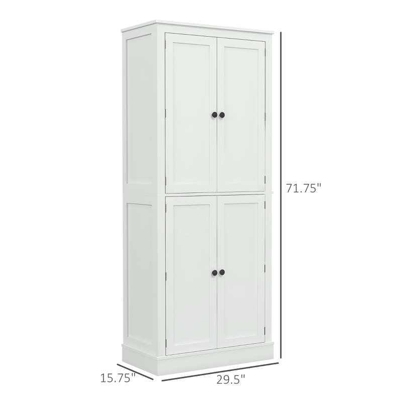 HOMCOM 72" Kitchen Pantry, Modern 4-Door Kitchen Storage Cabinet with Inside Drawer, Hanging Door Shelves, 5-tier Shelving and Adjustable Shelf, White