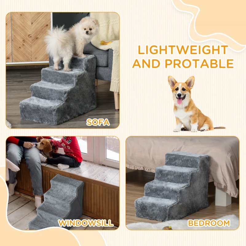PawHut 4-Step Dog Ramp for Sofa, Bed, and Couch, with Removable Cover, Light Grey