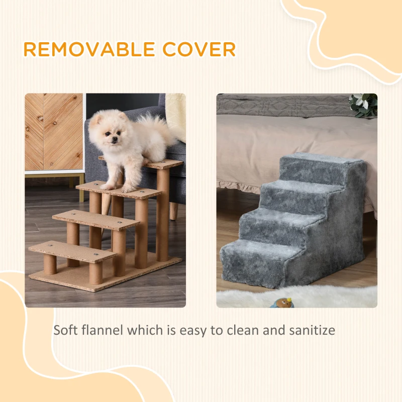 PawHut 4-Step Dog Ramp for Sofa, Bed, and Couch, with Removable Cover, Light Grey