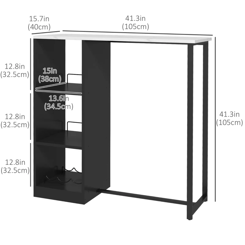 HOMCOM Bar Table with Wine Rack, High Pub Table with 3 Storage Shelves and Faux Marble Top, Bar Height Table for Kitchen, White