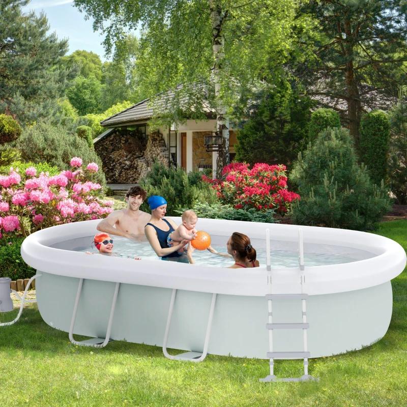 Outsunny 18' x 10' x 42" Above Ground Swimming Pool, Semi-Inflatable Rectangular Steel Frame Pool with Filter Pump, Safety Ladder, Cover, and Mat, for 1-8 People, Gray(m-2)