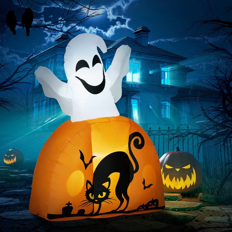 HOMCOM 5ft Halloween Inflatables Outdoor Decorations Ghost with Pumpkin, Outdoor Blow Up Yard Decor with LED Lights for Garden, Lawn, Party, Holiday