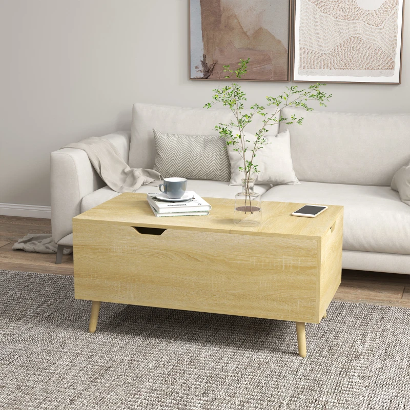 HOMCOM Coffee Table with Wood Legs, Lift Top Coffee Table with Drawer, Hidden Compartment, 38.6" x 21.3" x 18.9", Natural