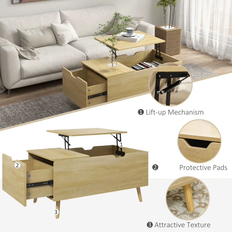 HOMCOM Coffee Table with Wood Legs, Lift Top Coffee Table with Drawer, Hidden Compartment, 38.6" x 21.3" x 18.9", Natural