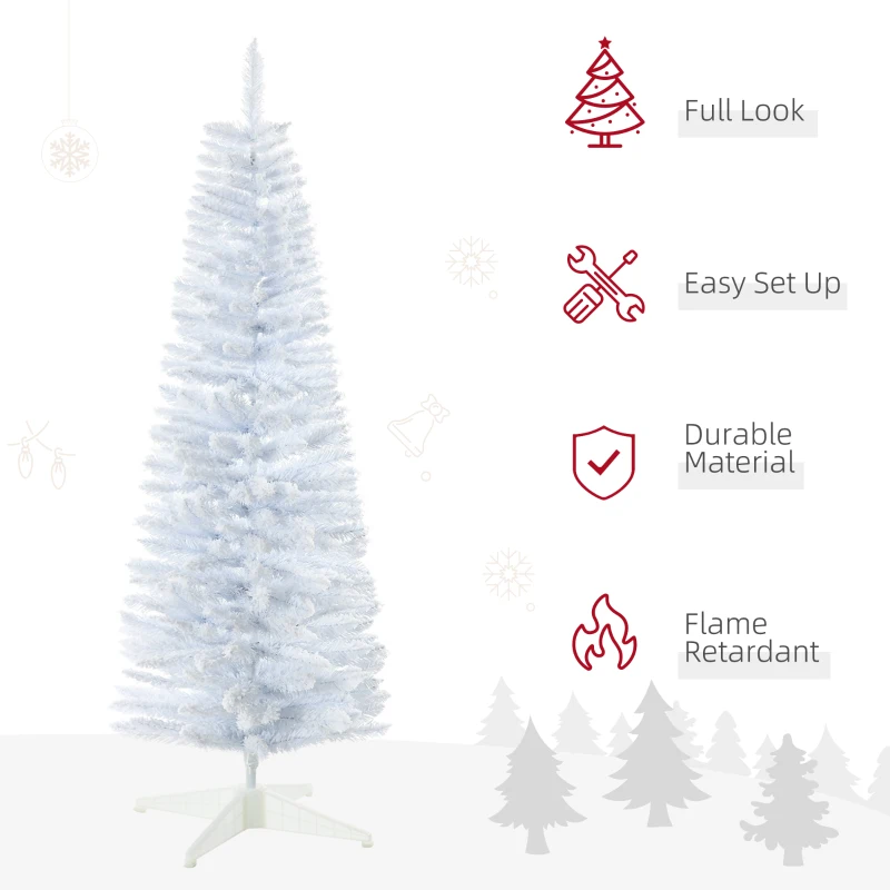 HOMCOM 5' Decorated Christmas Tree Snow Flocked Artificial Christmas Tree with Pencil Shape, Realistic Branches, White