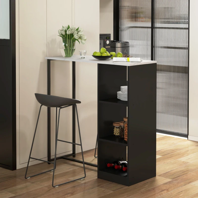 HOMCOM Bar Table with Wine Rack, High Pub Table with 3 Storage Shelves and Faux Marble Top, Bar Height Table for Kitchen, White