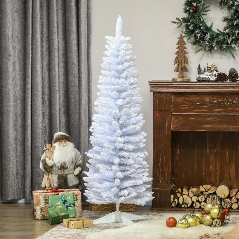 HOMCOM 5' Decorated Christmas Tree Snow Flocked Artificial Christmas Tree with Pencil Shape, Realistic Branches, White